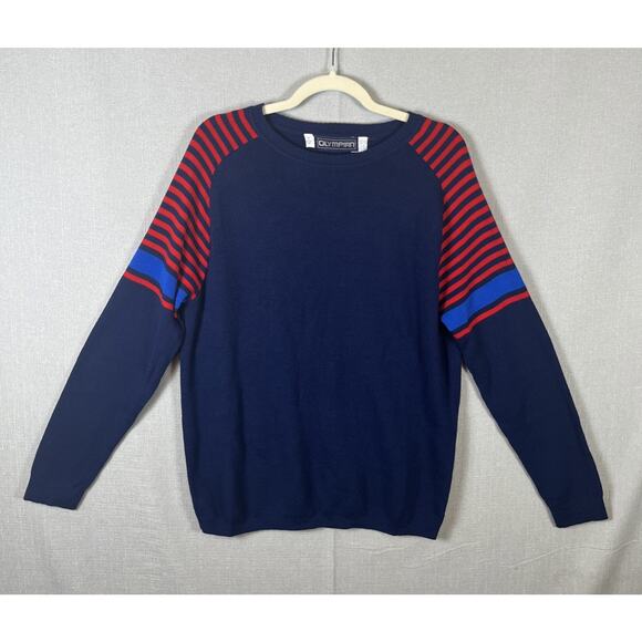 VTG 100% Wool 80s Olympian CB Sports Sweater Medium Ski Blue Red Crewneck Jumper - Picture 1 of 8